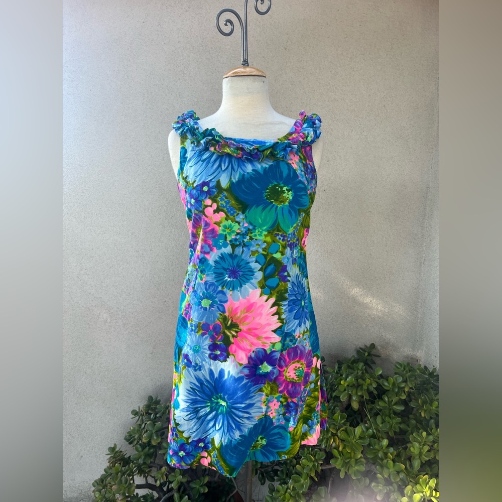 Vintage 70s Luau mini dress ruffle neck blue pink floral Small Walthah Clarke’s